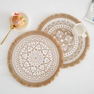 波西米亚编织圆形编织黄麻粗麻布餐垫餐垫带条纹餐桌耐热桌垫
