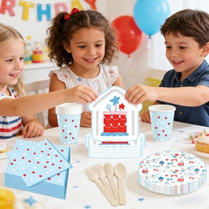 DAMAI - Vajilla Desechable para Fiesta de Cumpleaños Infantil, Plato Azul con Diseño de Pastel de Cumpleaños y Helado, Servilletas de Papel, Vasos y Platos - Product Image 1