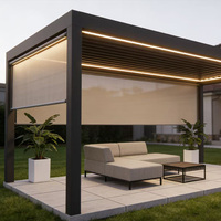 Pérgola Bioclimática de Aluminio con Techo Retráctil Motorizado e Iluminación LED, Pabellón de Jardín Impermeable para Exteriores con Paredes de Vidrio