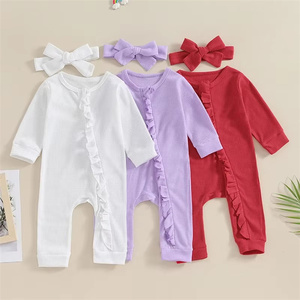 1 pièce marque privée pour bébés filles et garçons barboteuse vêtements à manches longues fermeture éclair à volants <span class=keywords><strong>combishort</strong></span> nouveau-né combinaisons et <span class=keywords><strong>bandeau</strong></span> - Product Image 1