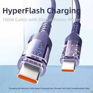 Cable de Carga Rápida de 100W 6A Tipo-C a C/ Pantalla LED Cabezal Transparente Trenzado de Nailon Cobre Puro para Computadora y Automóvil - Product Image 5