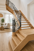 Escalier Courbé avec Marches en Bois Massif, Balustrade en Fer Forgé, Escalier Intérieur de Villa, Rampe en Bois Moderne, Garde-Corps d'Escalier