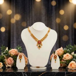 Elegant Gold <b>Necklace</b> Set Traditional Floral Round Pendant <b>Necklace</b> Inlaid <b>Ruby</b> Red Stones Wedding Party Jewelry - Product Image 5