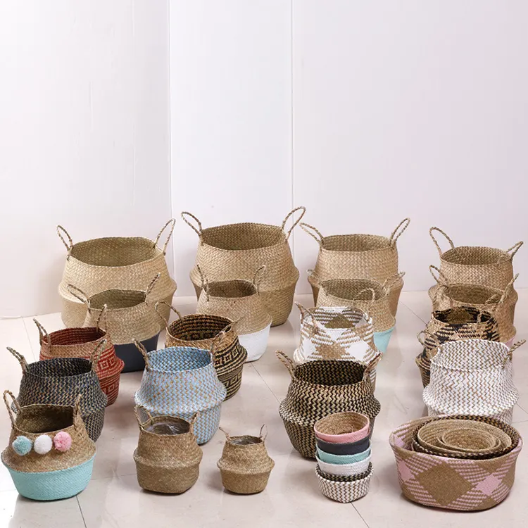 Natural Seagrass Belly Basket for Eco-friendly Home Decor Vintage Foldable Plant Storage Basket