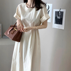 <span class=keywords><strong>Robe</strong></span> maxi décontractée élégante pour femmes, <span class=keywords><strong>été</strong></span>, couleur unie, col rond, <span class=keywords><strong>manches</strong></span> <span class=keywords><strong>courtes</strong></span>, avec ceinture, style chic coréen - Product Image 4