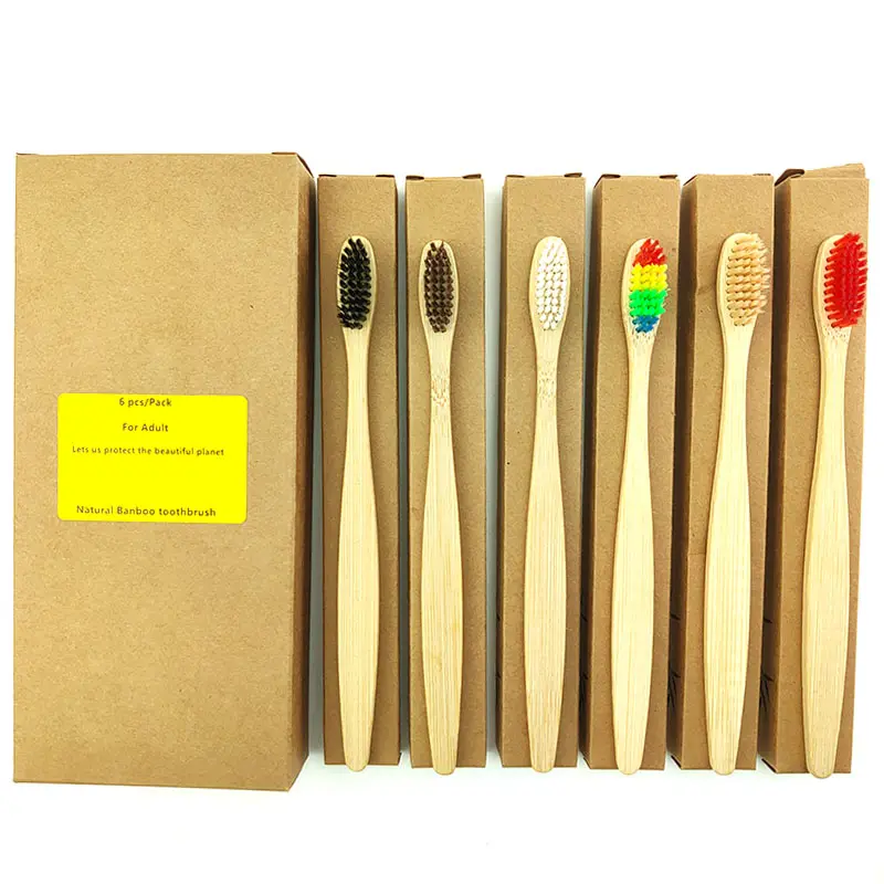 Nuovo design colore misto all'ingrosso biodegradabile eco-friendly in legno spazzolino da denti di bambù 6 pack set per hotel e viaggi