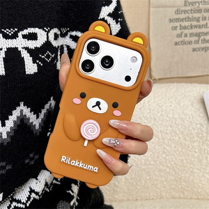 Cute Rilakkuma Bear Silicone Phone case for iPhone 17 16 15 14 13 Pro Max Spinning Lollipop Rotating Rubber Cartoon back Cover - Product Image 5