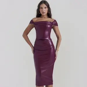 Gaun panjang tanpa tali bahu ungu seksi musim panas baru gaun pesta ketat lapisan kulit PU elegan