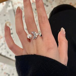 S925 Pure Silver Micro-Inlaid Zircon <b>Pearl</b> Fish Tail <b>Ring</b> with V-Shaped Diamond Niche Design Fashionable Light Luxury - Product Image 2