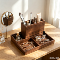 Boîte de rangement de bureau en bois avec 3 compartiments de rangement, plateau porte-stylos