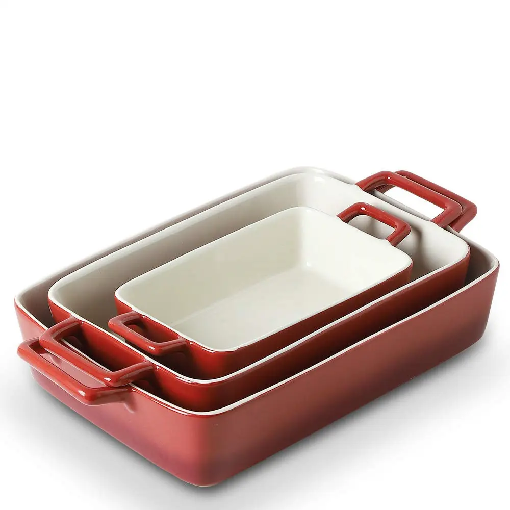 Set of 3 Ceramic Baking Trays Pans Red Rectangle Ceramic Bakeware Sets Bakers With Handles Baking Dishes