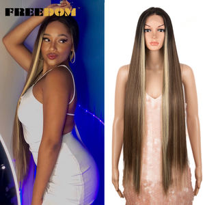 Perruques synthétiques FREEDOM pour femmes, lace front, super longues, 38 pouces, blondes, gingembre, lisses, brun moyen, perruques de cosplay - Product Image 1