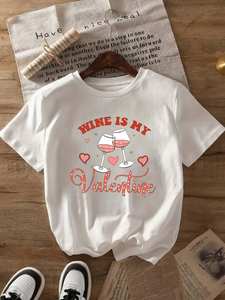 T-shirt stampata da donna Wine Is My Valentine, casual, a maniche corte, girocollo, in tessuto jersey, primavera estate, vestibilità regolare - Product Image 3