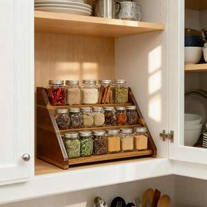 Estante para Especias de Madera de Acacia de 3 Niveles para Encimera y Armario - Capacidad para 21 Frascos, Organizador de <span class=keywords><strong>Despensa</strong></span>, Estantes Ajustables - Product Image 4