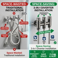 Robinet d'angle en acier inoxydable à 1 entrée et 3 sorties, commande indépendante, déviateur d'eau pour toilettes et machines à laver, vente en gros (stock US)