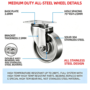 Stainless Steel Swivel Caster Wheel 125mm Flat Type Ball Bearing No Brake 95×65mm Base Plate Industrial Use - Product Image 4