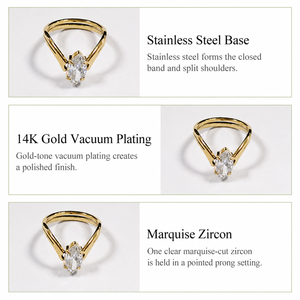 Anillo de circonita marquesa de acero inoxidable chapado en oro de 14K al vacío, con diseño de hombro en V dividido y piedra única, 21 × 12.1 mm - Product Image 2