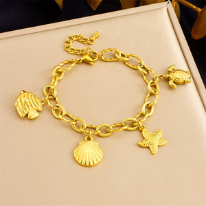 Gold Plated Stainless Steel Marine Life Charm Bracelet With Scallop Starfish Turtle Pendant Unisex Jewelry Gift - Product Image 1