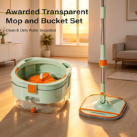 Ensemble seau et essoreur Homettler transparent avec séparation eau propre/eau sale et tampons de serpillière réutilisables pour sols secs/humides