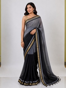 Sari de Algodón Gris y Negro de Diseño con Borde Tradicional con Patrón Zari, Tela de Algodón Suave y Ligera, y Caída Cómoda - Product Image 4