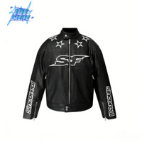 Veste courte en cuir PU personnalisée, style streetwear décontracté, lettres imprimées, broderie, fermeture éclair, or, argent, marron, noir
