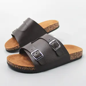 Happyslides 2024 chinelos personalizados de verão com alças de fivela, sandálias de cortiça de couro com bico aberto de design clássico, calçados para mulheres e homens