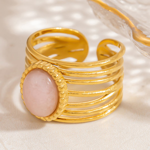 Fashion <b>Rings</b> Women's Geometric Natural Stone Stainless Steel 18k Gold Plated Party Jewelry Bezel Setting <b>Titanium</b> Steel - Product Image 3