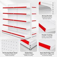 Étagère Gondole Robuste Double Face en Métal Gris Clair avec Panneau Perforé et Bordure Rouge, 5 Niveaux Empilables pour Supermarché et Commerce de Détail