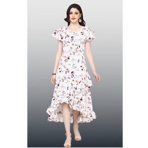 Robe d'été décontractée et respirante à volants asymétriques et manches évasées en crêpe doux et léger pour femme UNITY LUXURE - Product Image 1