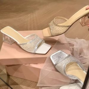 126 New Mesh Transparent Rhinestone High-heeled Shoes in Plus Size, Fashionable for Wearing on the Outside, One Foot Beach Shoes - Product Image 1