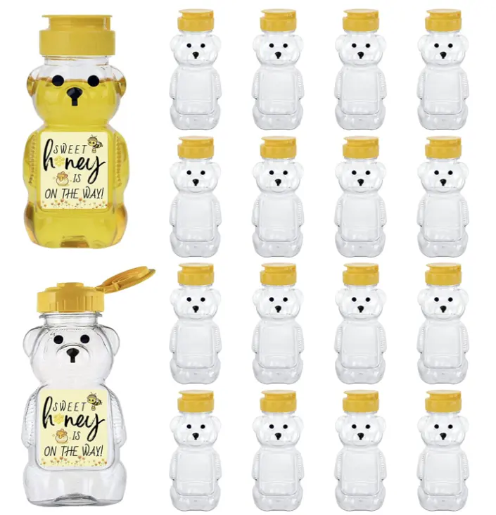 5 fl oz Mini Plastic Bear Honey Bottle, 18 Pack Empty Squeeze Honey Jar with Flip Lid, Reusable Small Bear Shaped Juice Bottles