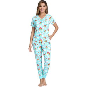 Ensemble de pyjama pour femmes, col en V, manches courtes, pantalon de jogging, vêtements de nuit, vêtements de détente, tissu tricoté doux, ensemble deux pièces - Product Image 1