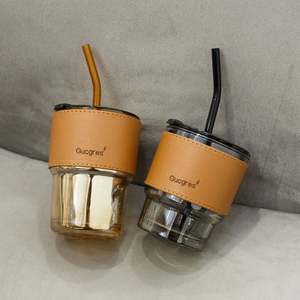 Tazas de bambú de doble pared con pajitas y fundas de cuero marrón para regalo corporativo, cumpleaños, Año Nuevo, uso diario - Product Image 2