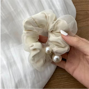 Wholesale Fashion Women's Fabric Mesh Elastic Bands & Scrunchies Hair Band With Pearls - Product Image 3