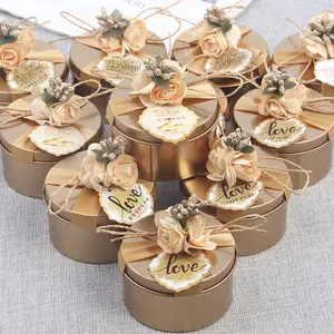 리본과 꽃 웨딩 캔디 쿠키 초콜릿 선물을위한 도매 럭셔리 라운드 주석 금속 상자