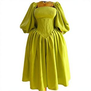 Solid Trendy <b>Summer</b> Spring Women's <b>Dresses</b> <b>Casual</b> Sweet Square Collar Lantern Sleeve High Waist Slim A-line 100% Cotton Washable - Product Image 3