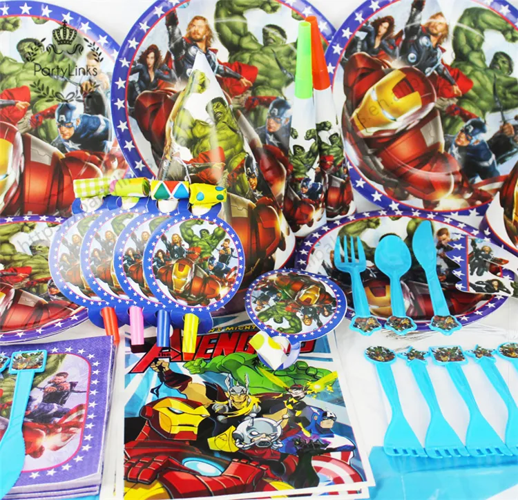 Perlengkapan pesta ulang tahun anak Super Hero Avengers Justice League motif Dekorasi Set peralatan pesta kertas