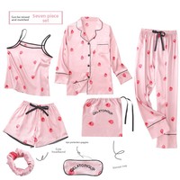 Ensemble de pyjamas en soie imitation fraise à manches longues, 7 pièces, pyjamas en soie, ensemble de vêtements de maison printemps été automne