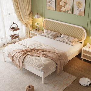 French Style Cream Solid Wood Rattan <b>Bed</b> 1.8M <b>Double</b> Platform <b>Bed</b> Soft Headboard Bedroom Furniture - Product Image 1