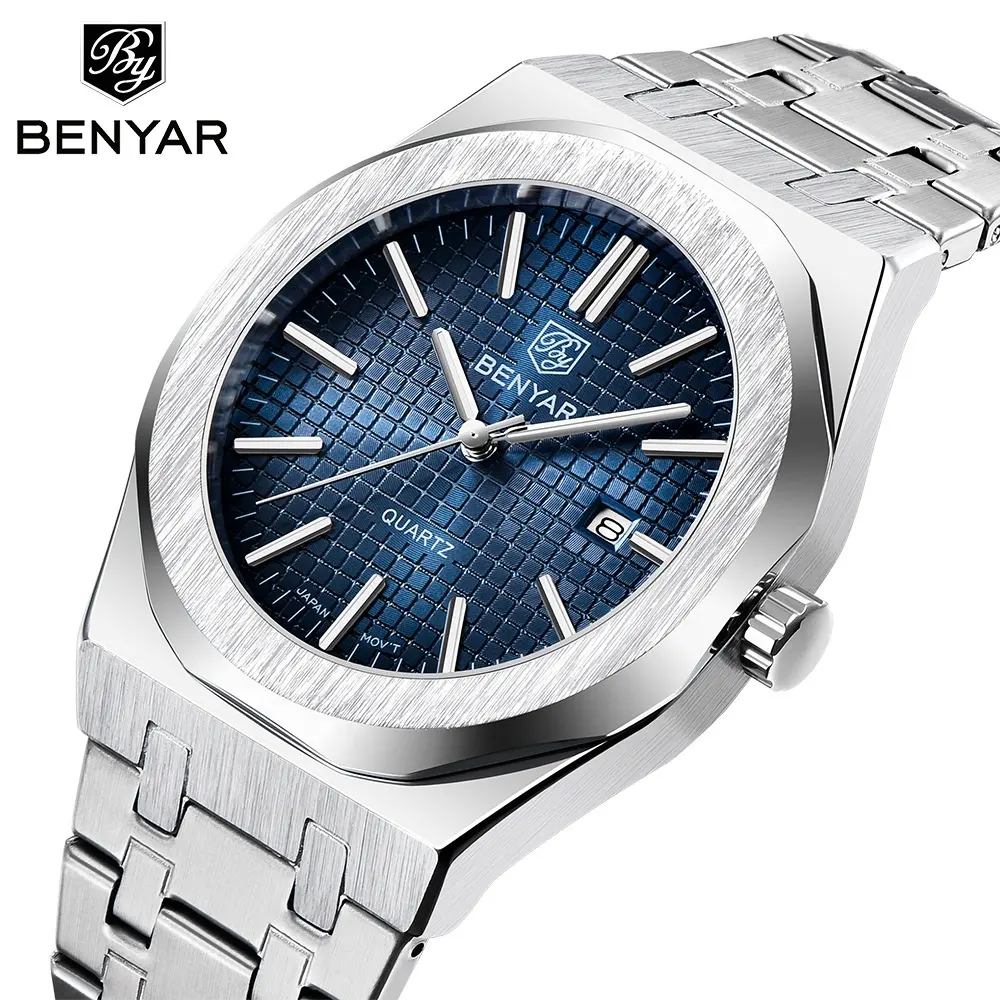 Reloj Hombre BENYAR 5156 Banda de acero inoxidable Reloj de pulsera resistente al agua Cronógrafo Cuarzo Benyar Relojes Hombres