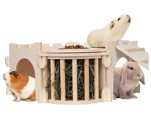 Castillo de conejillo de indias grande personalizado, casa de conejo de madera natural con escalera y alimentador de heno, escondite de animales pequeños para conejillo de indias de conejo