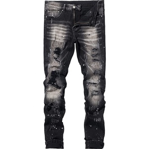 <span class=keywords><strong>Jean</strong></span> Skinny <span class=keywords><strong>Homme</strong></span> Designer Effet Usé et <span class=keywords><strong>Déchiré</strong></span>, Coupe Slim Confortable et Extensible, Style Hip Hop Moto, avec Trous Décoratifs et Logo - Product Image 1