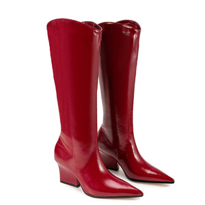 Big Size 45 Women's Solid Wide Fit Knee High Boots Ladies Chunky High Wedge Heels <b>Shoes</b> Pointed Toe Back Zipper Long Booties - Product Image 6
