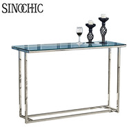 Table console en verre trempé longue avec pieds en métal chromé, table de couloir miroir fine