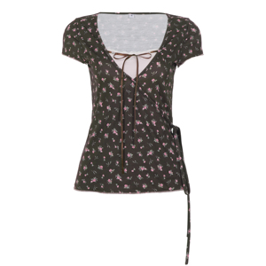 Haut à manches courtes à col en V à motifs floraux vintage – Blouse à effet superposé en faux tissu, style été - Product Image 6