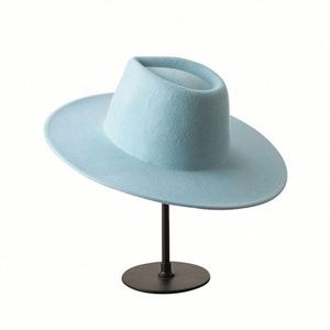 High Quality 100% Wool Winter 9.5cm Flat Wide Brim Australian Wool Felt Fedora Cowboy Hat - Product Image 5