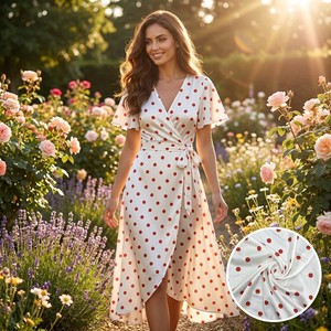 <span class=keywords><strong>Tela</strong></span> de Satén Elástica Estampada con Puntos Rojos, Transpirable, de Tamaño Personalizado, para Vestidos de Mujer, Ropa Deportiva, Ropa de Dormir, Primavera/Verano - Product Image 1
