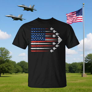 T-shirt patriotique avec drapeau américain, jets de combat, rouge, blanc, bleu, 4 juillet - Product Image 3