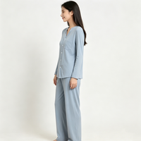 Ensemble de pyjama bleu à manches longues boutonné pour femme, col en V, avec poches, vêtements de nuit doux et amples, pantalon de détente, tenue d'intérieur, ensemble de nuit deux pièces