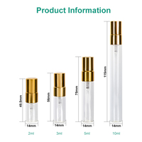 Atomiseurs portables miniatures en verre de 2 ml, 3 ml, 5 ml, 10 ml pour échantillons de parfum, flacons testeurs avec capuchon en aluminium doré sérigraphié